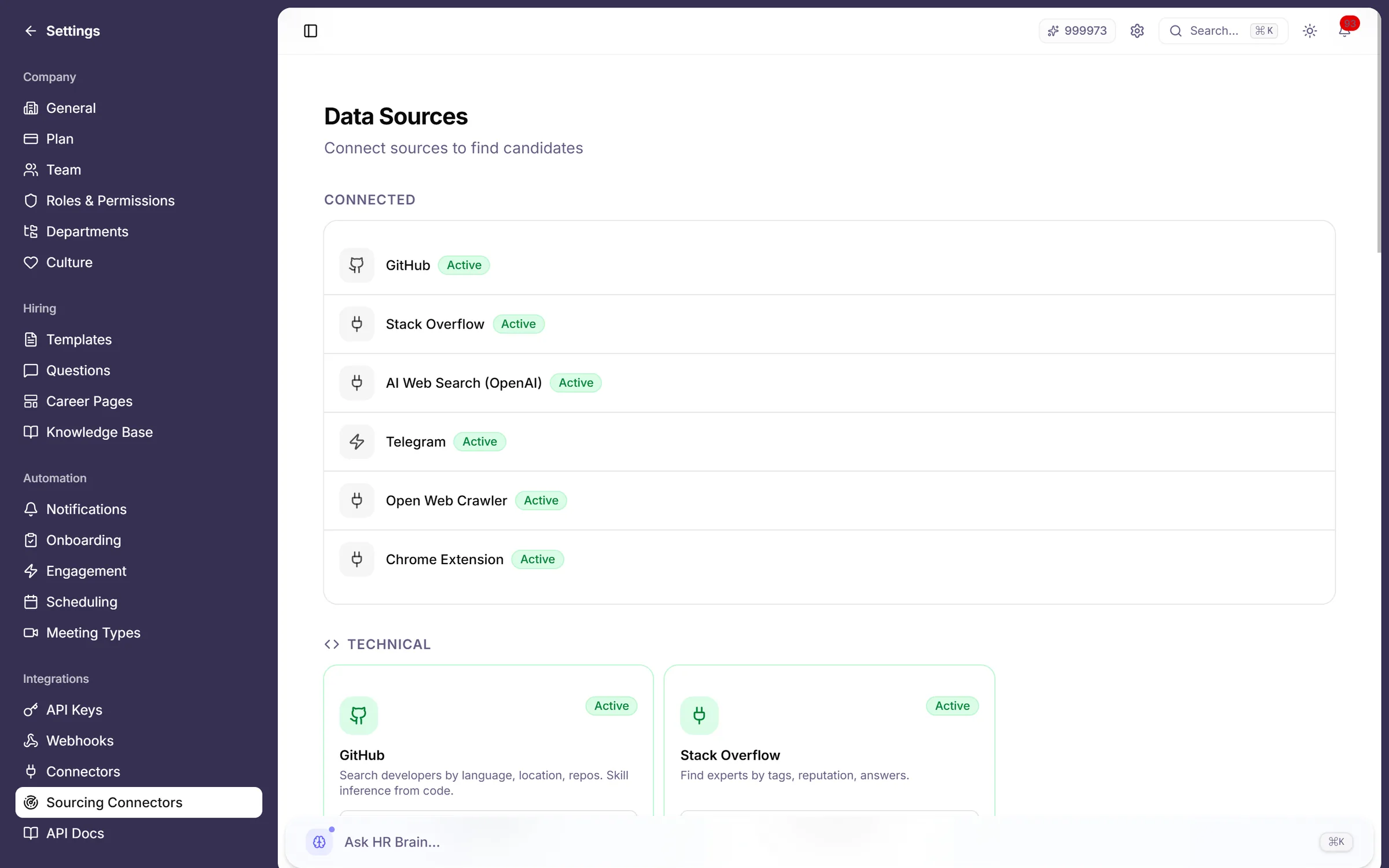 Sourcing connector setup: 30+ sources including LinkedIn, GitHub, StackOverflow, Indeed and Hunter — OAuth, rate limits and search rules