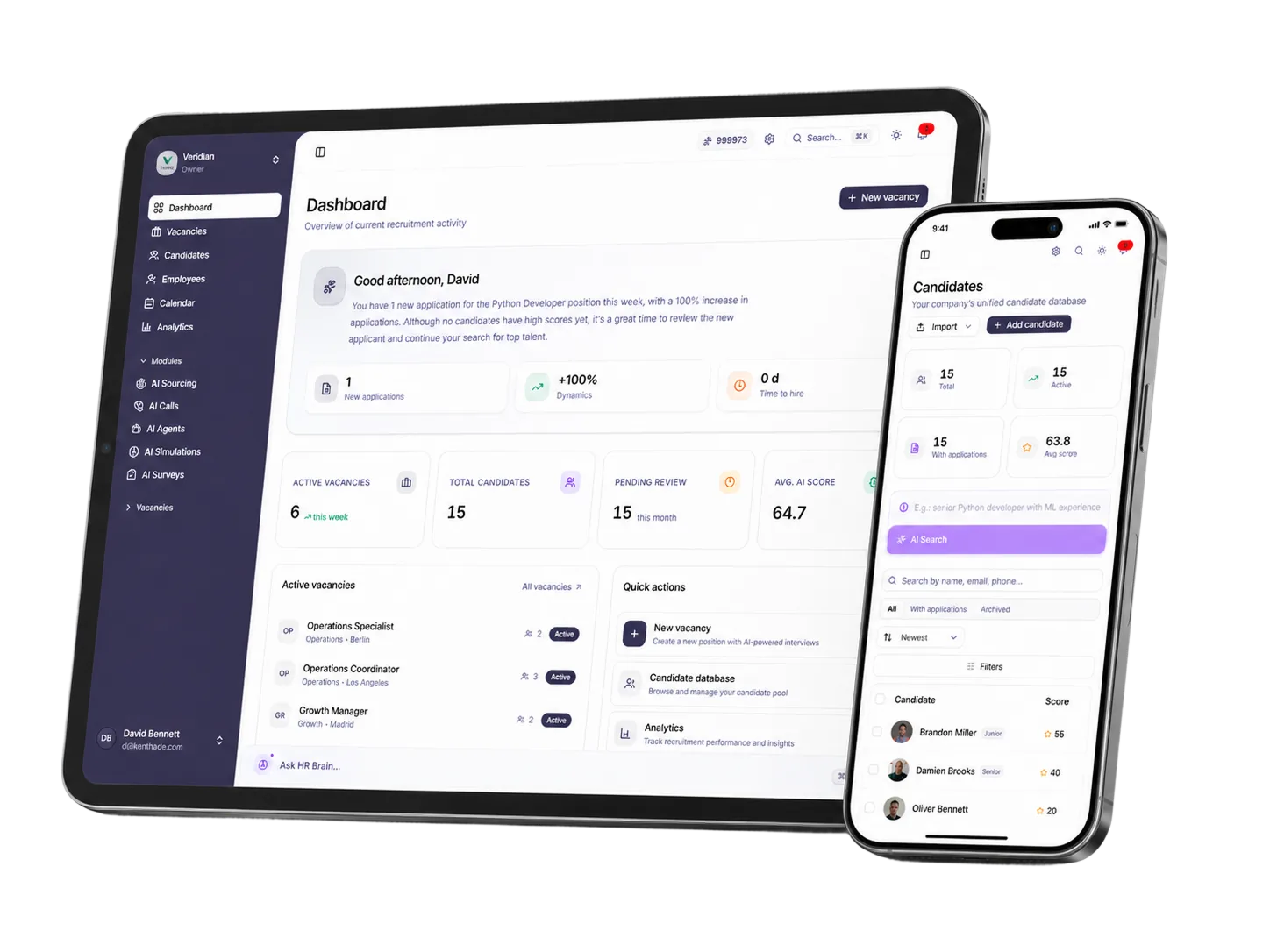HRBlade dashboard on desktop and mobile: hiring KPIs, open requisitions, candidate pipeline and AI-suggested next actions